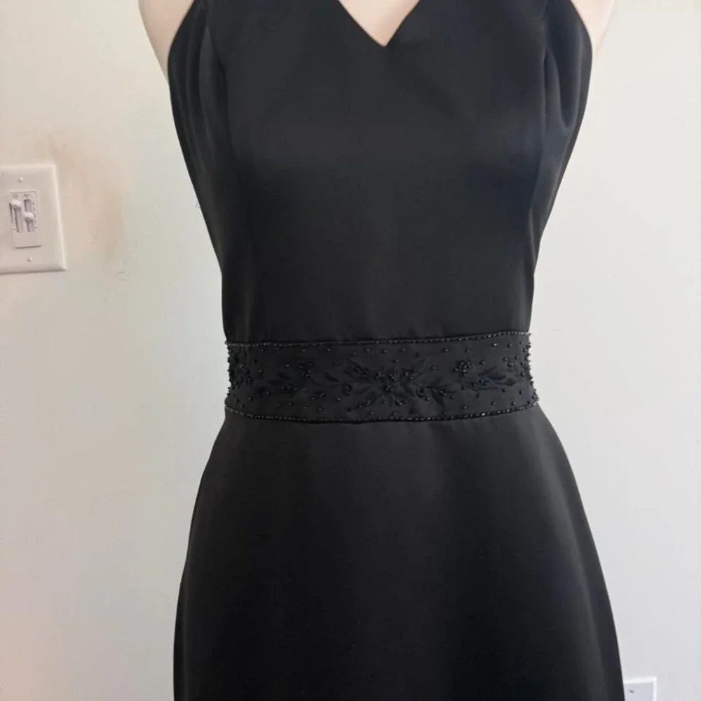 Vintage By Venus Black Satin‎ Halter Gown w/ Beaded Waist — Size 8